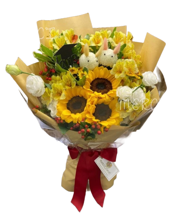 Pair Rabbits jump into Sun Flower